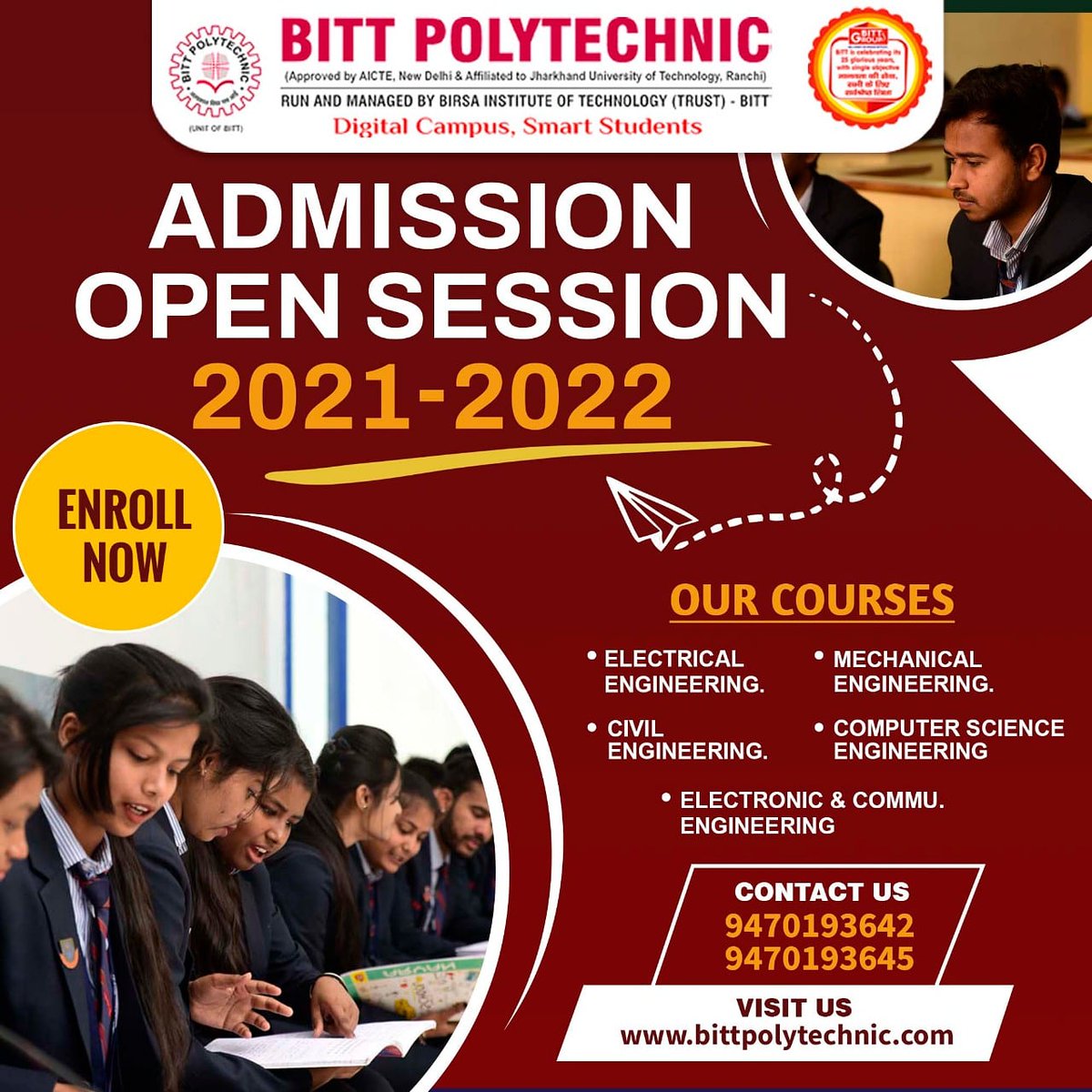 bittpolytechni1's tweet photo. Book your slot

For session 2021-22

Enroll Now

For more details visit our website: https://t.co/0uXNRuFhj8

#BITT #Polytechnic #Polytechnic #BittPolytechnic #BittDigitalClassroom #OnlineClasses #DigitalClassroom https://t.co/NzxCe2QSUA