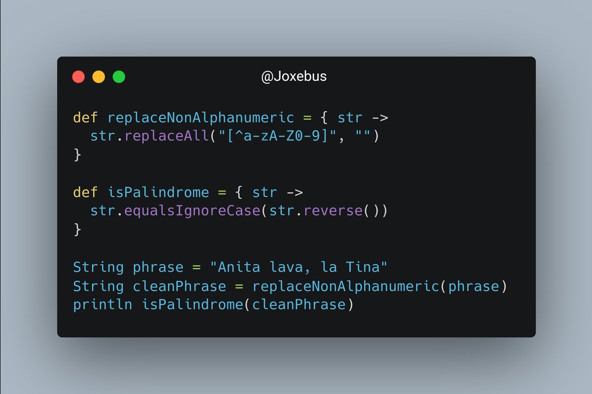 Desveloper's tweet image. Una forma muy sencilla de verificar en @ApacheGroovy si una cadena es un palindromo.

#desveloper #groovylang #palindromo #java #codesample