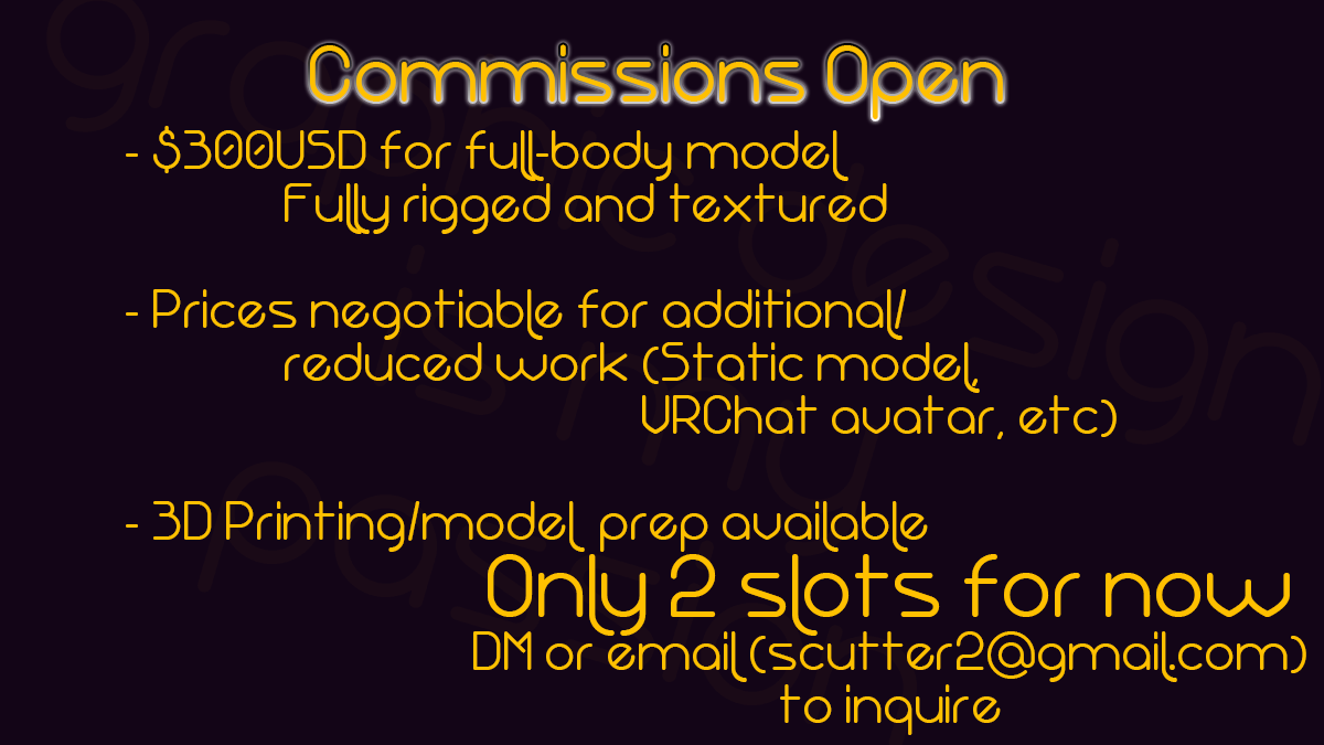 ScutterA's tweet image. So, been a long time coming, but I'm opening up for commissions. I'm generally pretty happy to discuss all the details of what you want, and the more references you can provide the better.