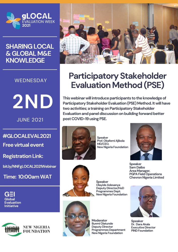 Join the #gLOCALEvalutionWeek2021 event taking place today where our Executive Director <a href="/dara_akala/">Dara Akala</a> &amp; other speakers will introduce participants to the knowledge of Participatory Stakeholder Engagement #PSE method of evaluation. 

Use the link below! 👇🏾 

bit.ly/NNFgLOCAL2021W…