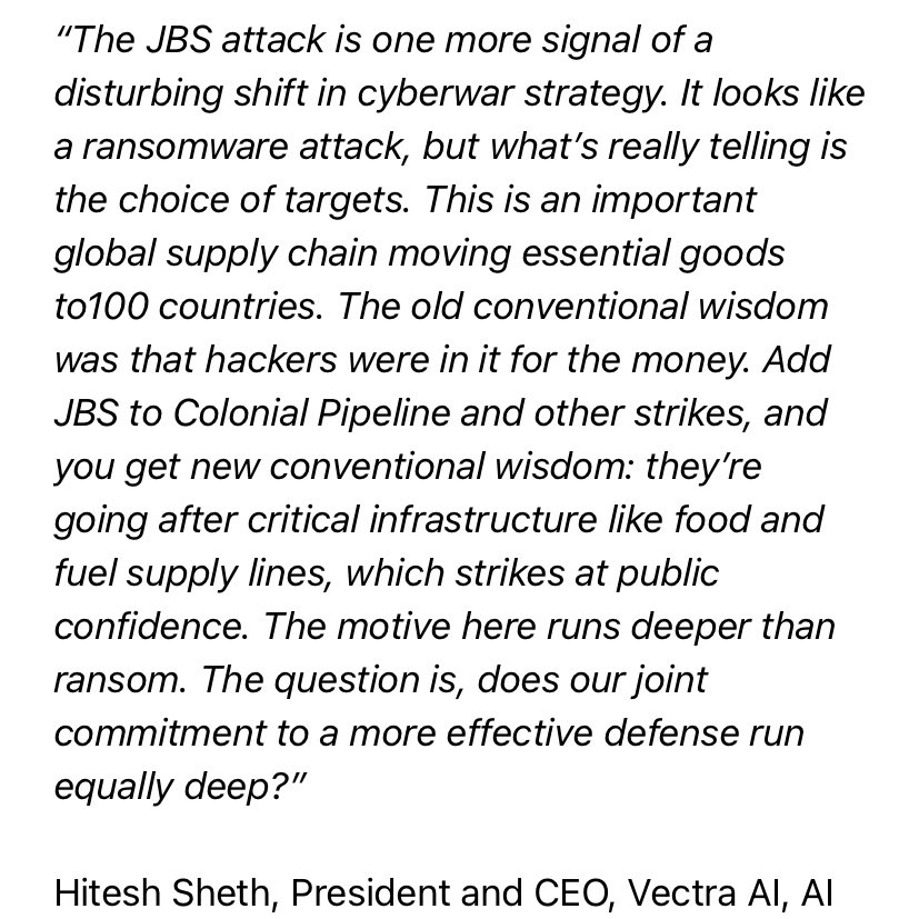 joetidy's tweet photo. Interesting take on JBS ransomware attack. Wonder how @RidT feels about the use of ‘Cyberwar’ to describe this hack? https://t.co/QBKUHWXSmY
