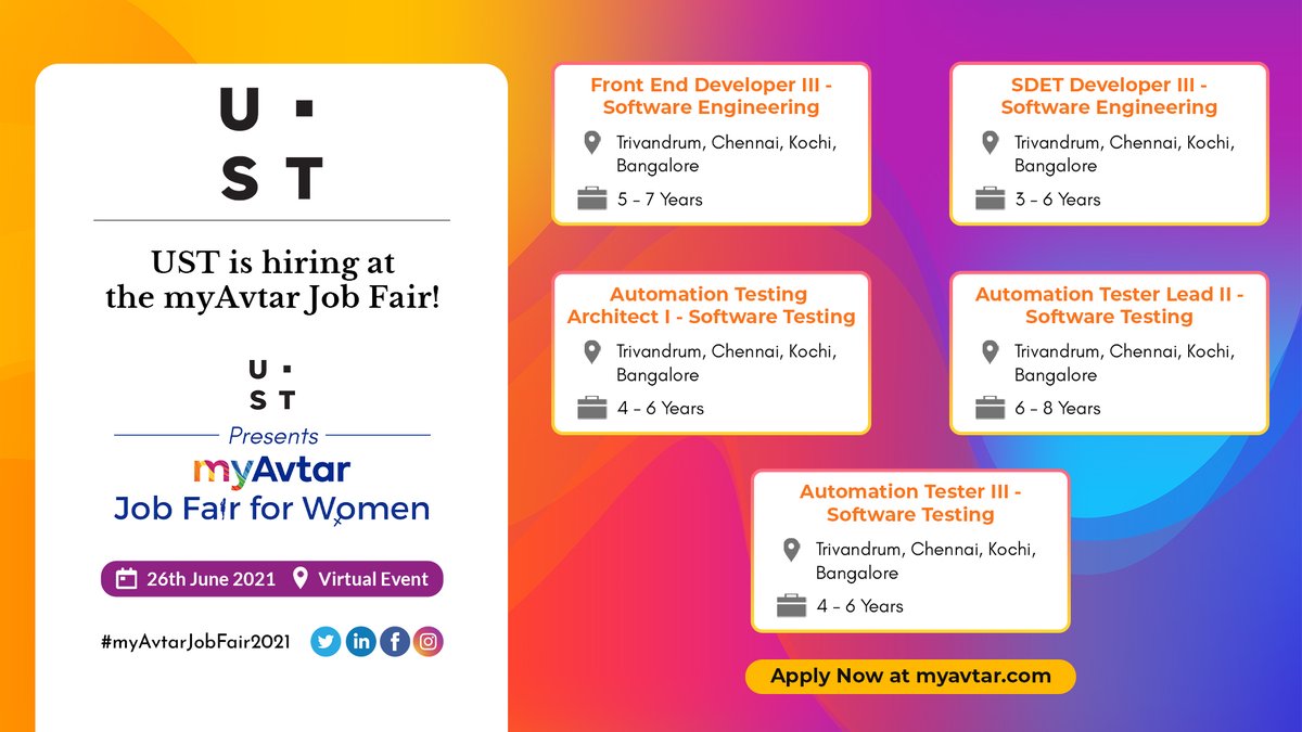 .<a href="/USTglobal/">UST</a> is hiring at #myAvtarJobFair.

1) Front End Developer III-Software Engineering
2) SDET Developer III-Software Engineering
3) Automation Testing Architect I-Software Testing
4) Automation Tester Lead II-Software Testing
5) Automation Tester Lead III-Software Testing