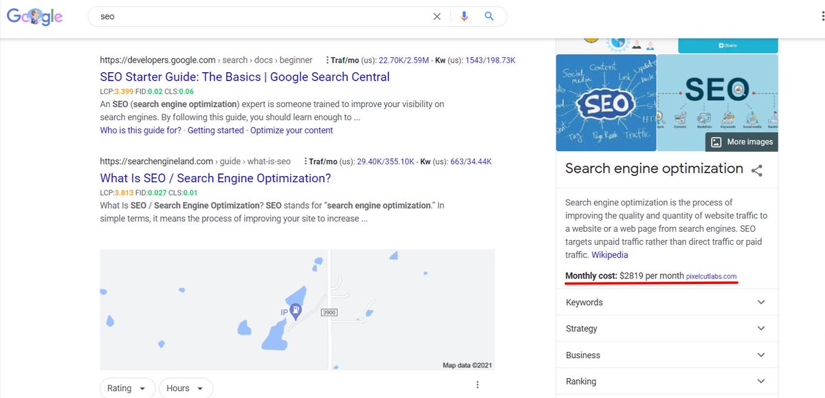 ☀️ Google Showing Monthly SEO Cost ☀️

Google is showing the average monthly cost for SEO in its knowledge panel that is triggered for the 'SEO' query.

(Also the source of that information - which an agency)

Has someone seen it before?

cc: <a href="/rustybrick/">Barry Schwartz</a>