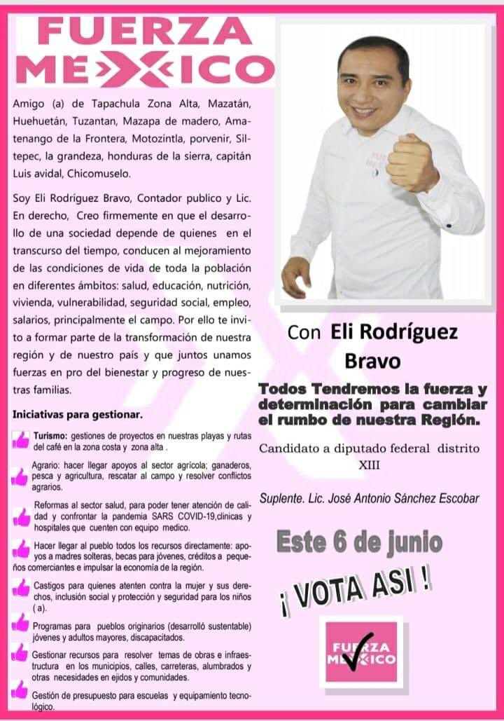 ChiapasFXM's tweet photo. ¡Todos tendremos la fuerza y la determinación para cambiar el rumbo de nuestra región! 👊🏻

En el Distrito 13 vamos por la victoria con #EliRodríguezBravo🙋🏻‍♂️, Candidato a Diputado Federal🇲🇽 por Chiapas.

¡Este 6 de Junio🗳 VOTA por nuestros candidatos de #FuerzaXMéxico! https://t.co/KxM0JKlIry