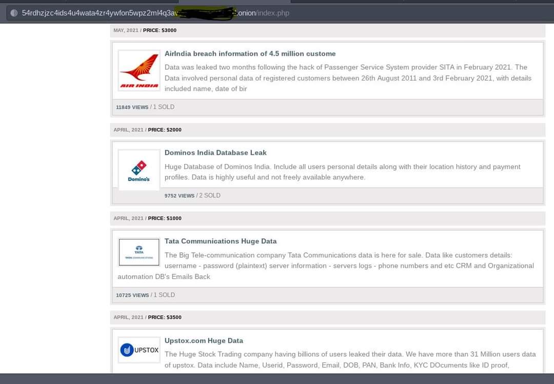 khushkhariwal's tweet photo. Four major Organization Data leak, Data available on Deep Web. Everyone associated with these organizations, immediately change the credentials asap.Effect of this data leak will be seen in the next few days. #airindiadataleak #dominosinidadataleak #tatadataleak #upstockdataleak https://t.co/zrrkLg6eOC
