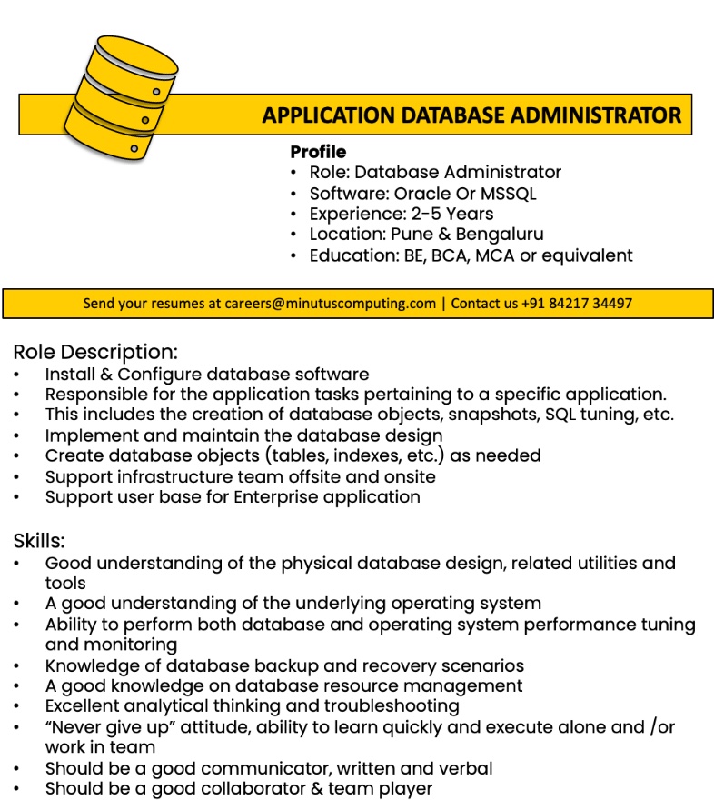 MinutusC's tweet photo. Attention Database Administrators!! We have immediate positions to fill. Contact us at careers@minutuscomputing.com
#hiring #careers #jobs #minutuscomputing #nowhiring #recruitment #databaseadministrator #oracledba #mssql https://t.co/gkAoPbiR2u