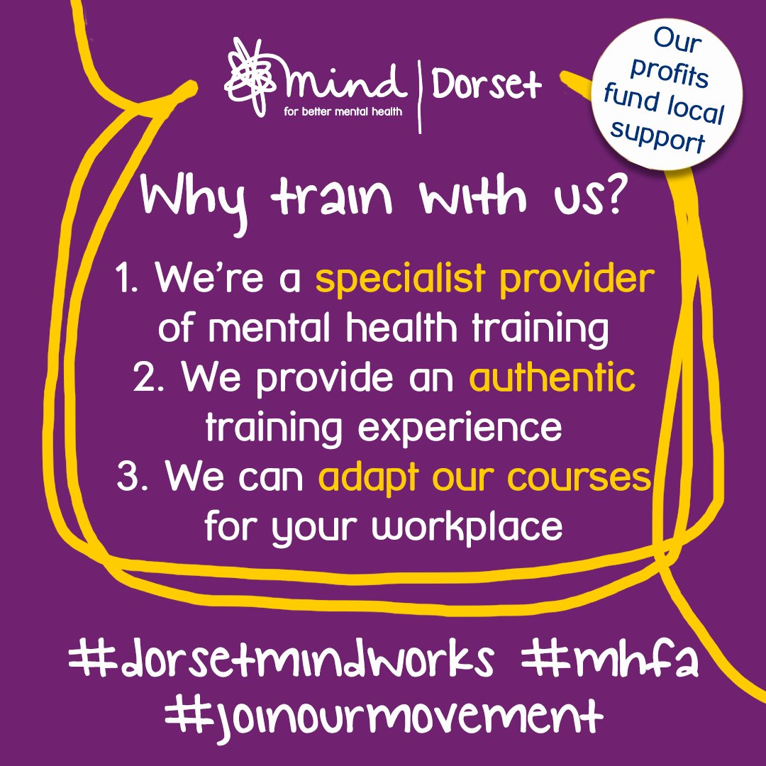 We're achieving consistently EXCELLENT feedback for our #MentalHealthFirstAid Courses - and it's THE LAST DAY to book our Evening Course that takes place on 9/16/23/30 June, 6-9pm.

bit.ly/MHFATrainWithUs

#MHFA #MentalHealth #Training <a href="/CEODorsetMind/">CEO At Dorset Mind</a> <a href="/DrAndyMayers/">Dr Andy Mayers💡</a>