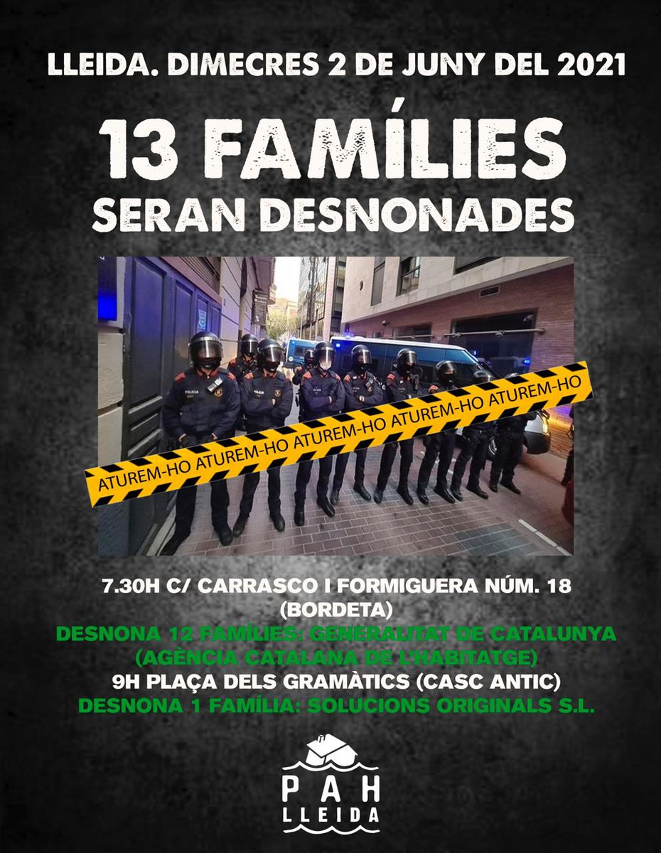 PAHLleida's tweet photo. Bon dia a totes, menys a @perearagones i al @govern que vol desnonar 12 famílies a Lleida. No hi permetrem, ni avui, ni demà, ni qualsevol altre dia. Ens trobareu de front, pel dret a l'habitatge, algo que no fa @Esquerra_ERC ni @JuntsxCat @jordiPuignero @territoricat https://t.co/Lzl7DAStIg