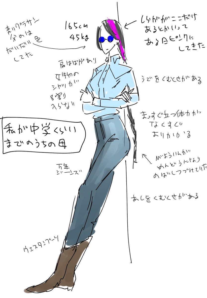 今フとそのことを思い出したので描いてみたらおもったより血謝でいろいろいやんなってしまった。この格好で授業参観とか保護者会にくるな 