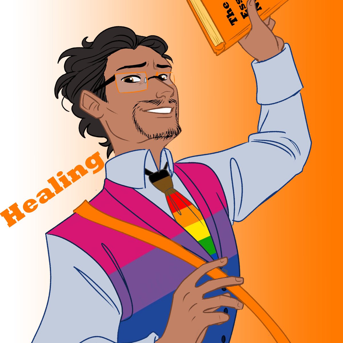 Humberto is PEAK disaster Bi!!
He represents the orange Pride stripe for Healing. He's had a lot of ups and downs in his relationships w/ partners, family, friends. To live his life to the fullest, he'll need to learn to fully heal from past scars &amp; preserve the love he has now.
