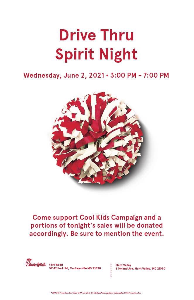TODAY - Wednesday, JUNE 2, 2021 - 3:00 to 7:00 P.M. 

CHICK FILET DRIVE THRU SPIRIT NIGHT TO SUPPORT COOL KIDS CAMPAIGN

LOCATIONS:
10142 York Road, Cockeysville, MD 21030
6 Hyland Avenue, Hunt Valley,  21030
PLEASE JOIN US AT THE DRIVE THRU AND MAKE SURE TO MENTION COOL KIDS!