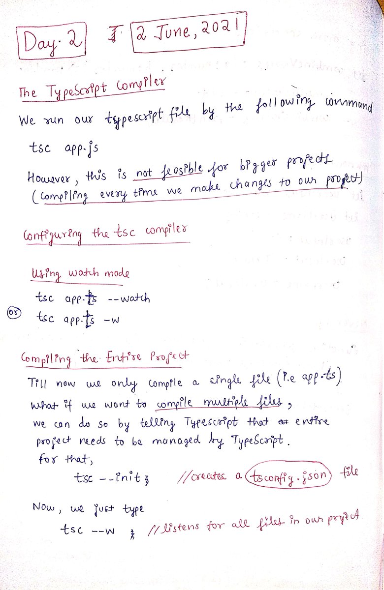 thesavvycoder's tweet image. Day2 of #30DaysOfTypeScript challenge
Learned about the TypeScript compiler and various configuration settings we can apply to control our workflow.
Follow the repo: github.com/tarunsinghdev/…
Notes from Day 2 .👇👇
