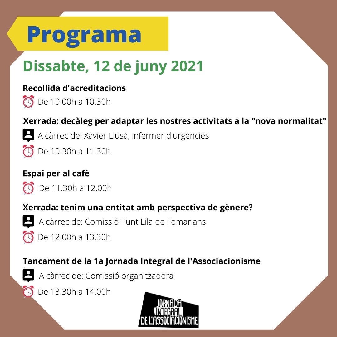 fomarians's tweet photo. Els dies 11 i 12 de juny celebrem a Sant Climent la 1a Jornada Integral de l'Associonisme, on podràs gaudir de diferents xerrades i debats sobre com enfocar la tasca que duem a terme les entitats. Enguany parlem de: Comunicació, Activitats en la "nova normalitat i gènere. https://t.co/h4LufEFlF9