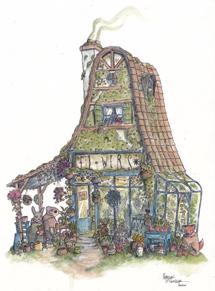 Fergal91's tweet photo. Here’s a busy little flower shop where all the critters from the surrounding lands have long come for their little plant friends c: 🪴 🌵 A commissioned piece.
#watercolor #illustration #flowershop #plants #plantshop #painting https://t.co/7VC3AUaPgb
