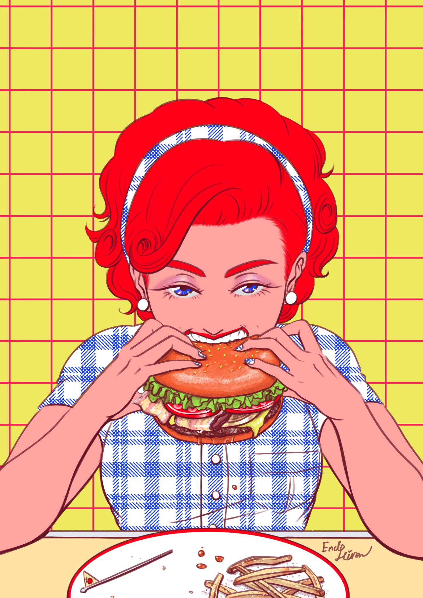 エンドーハイロウ イラストレーター ロゴ入れ前だけど描けたの嬉しいのでアップ いっぱい食べる君が好き なイラストです 描いてたらお腹すいた 創作クラスタさんと繋がりたい ハンバーガー アメリカンビンテージ 女の子のイラストだけで興味を