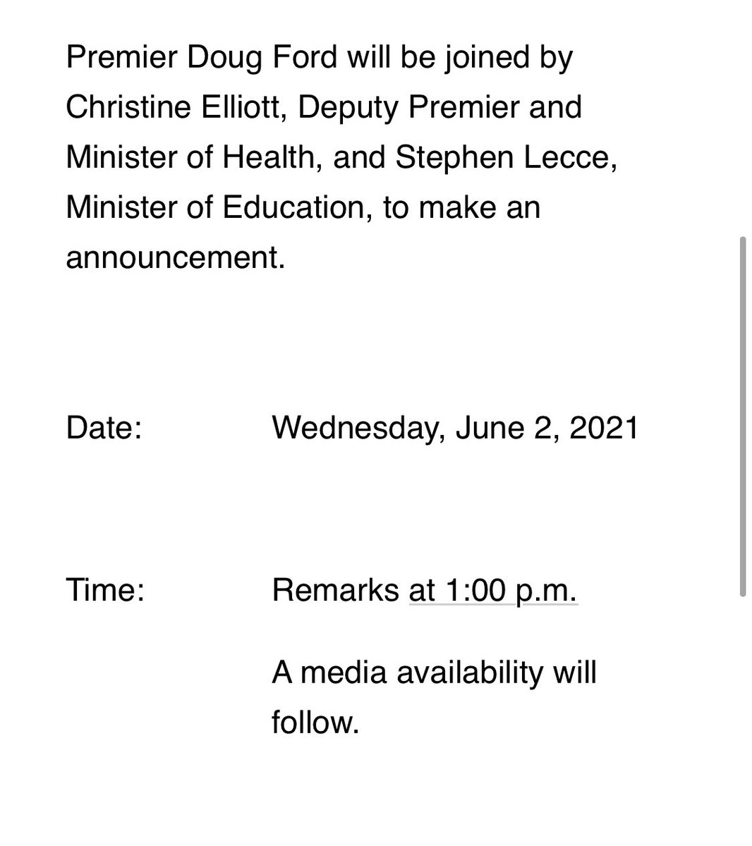 ColinDMello's tweet photo. NEW: The long awaited, and much procrastinated, announcement on schools will be made this afternoon at 1pm. 

#onpoli https://t.co/lOmulCpxTX