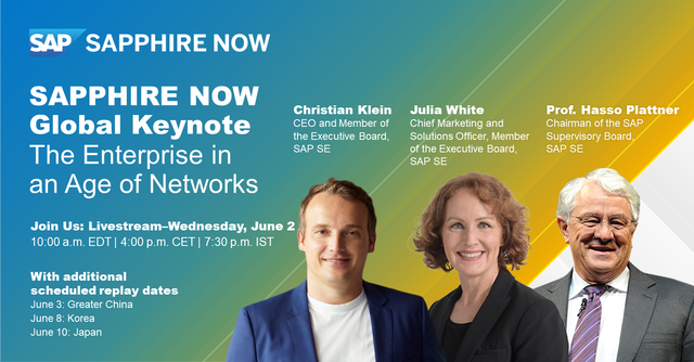 The #SAPPHIRENOW Global Keynote is today! Join me and thousands of others online for the live event. La session plénière est aujourd'hui ! rejoignez les milliers de participants en direct en ligne. bit.ly/34Co5EQ