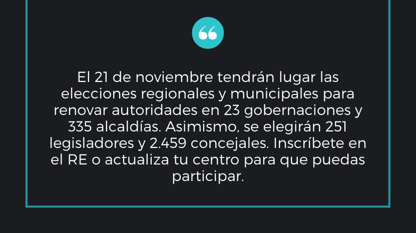 El 21 de nov tendrán lugar las elecciones regionales/municipales para renovar autoridades en 23 gobernaciones y 335 alcaldías. Asimismo, se elegirán 251 legisladores y 2.459 concejales. Inscríbete en el RE o actualiza tu centro para que puedas participar. cne.gob.ve/web/registro_e…