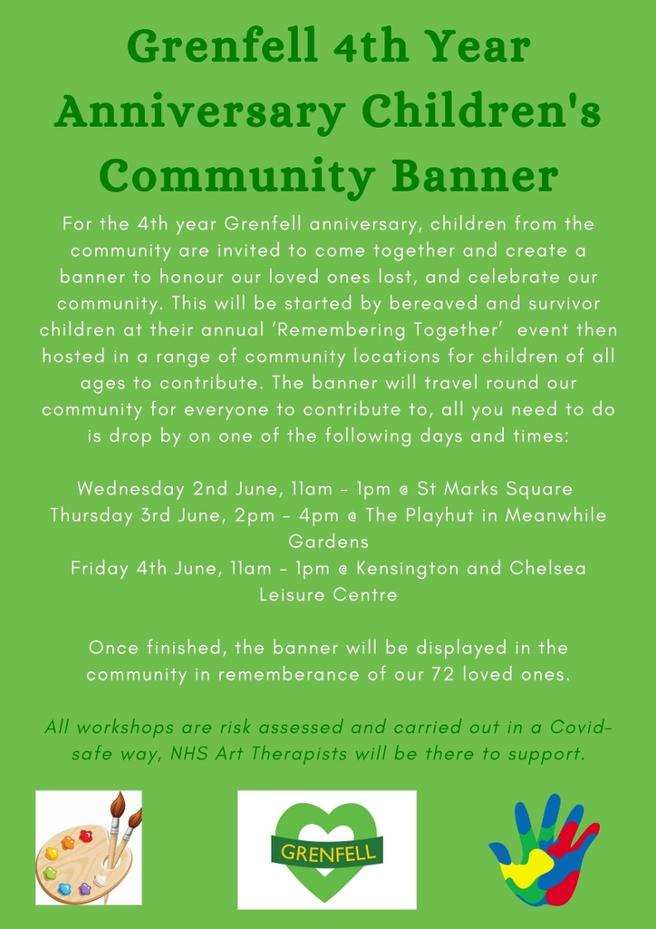 DalgarnoTrust's tweet photo. For the Grenfell 4th year Anniversary, children from the community are invited to come together and create a banner in celebration of our community and in honour of our 72 loved ones.
Green heart
Share and retweet! https://t.co/hyKP8Oij9b