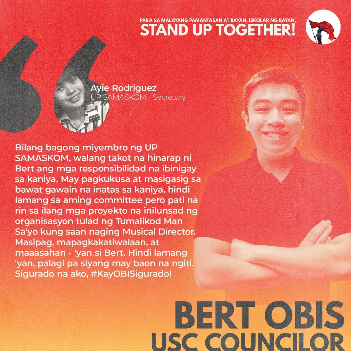 STANDwithBert's tweet photo. HIGIT NA KILALANIN PA SI #BerBerBert! #TodoNaTo 🔥

Basahin ang mga pahayag ng mga nakatrabaho ni Bert sa UP Samaskom upang kilalanin pa lalo ang inyong susunod na USC Councilor! https://t.co/PlxxCuWrhd