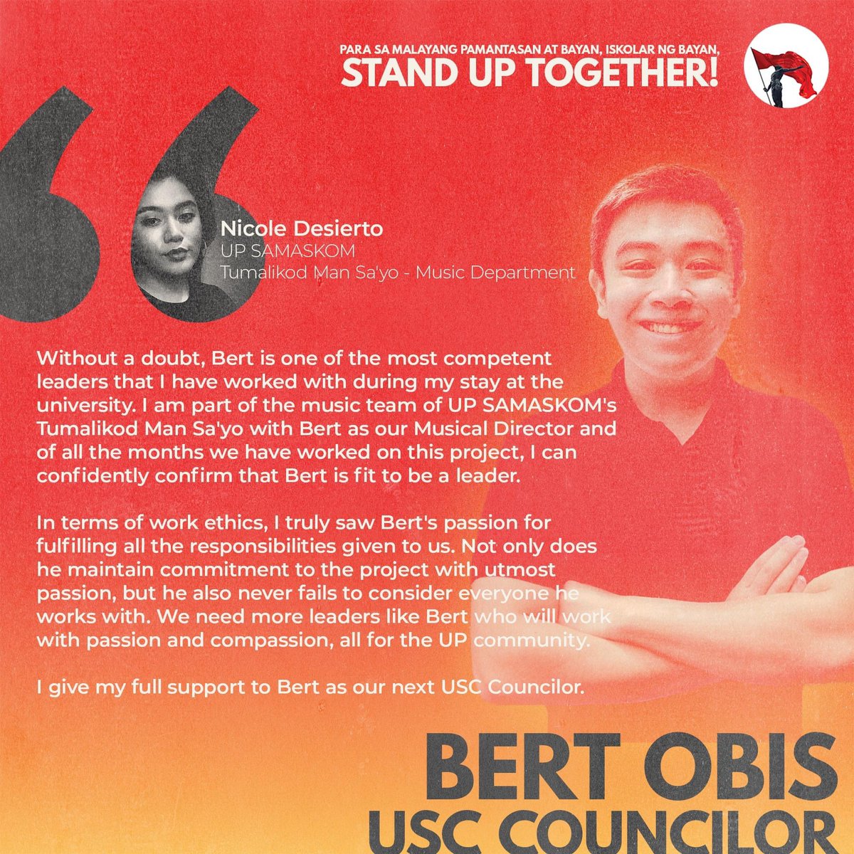 STANDwithBert's tweet photo. HIGIT NA KILALANIN PA SI #BerBerBert! #TodoNaTo 🔥

Basahin ang mga pahayag ng mga nakatrabaho ni Bert sa UP Samaskom upang kilalanin pa lalo ang inyong susunod na USC Councilor! https://t.co/PlxxCuWrhd