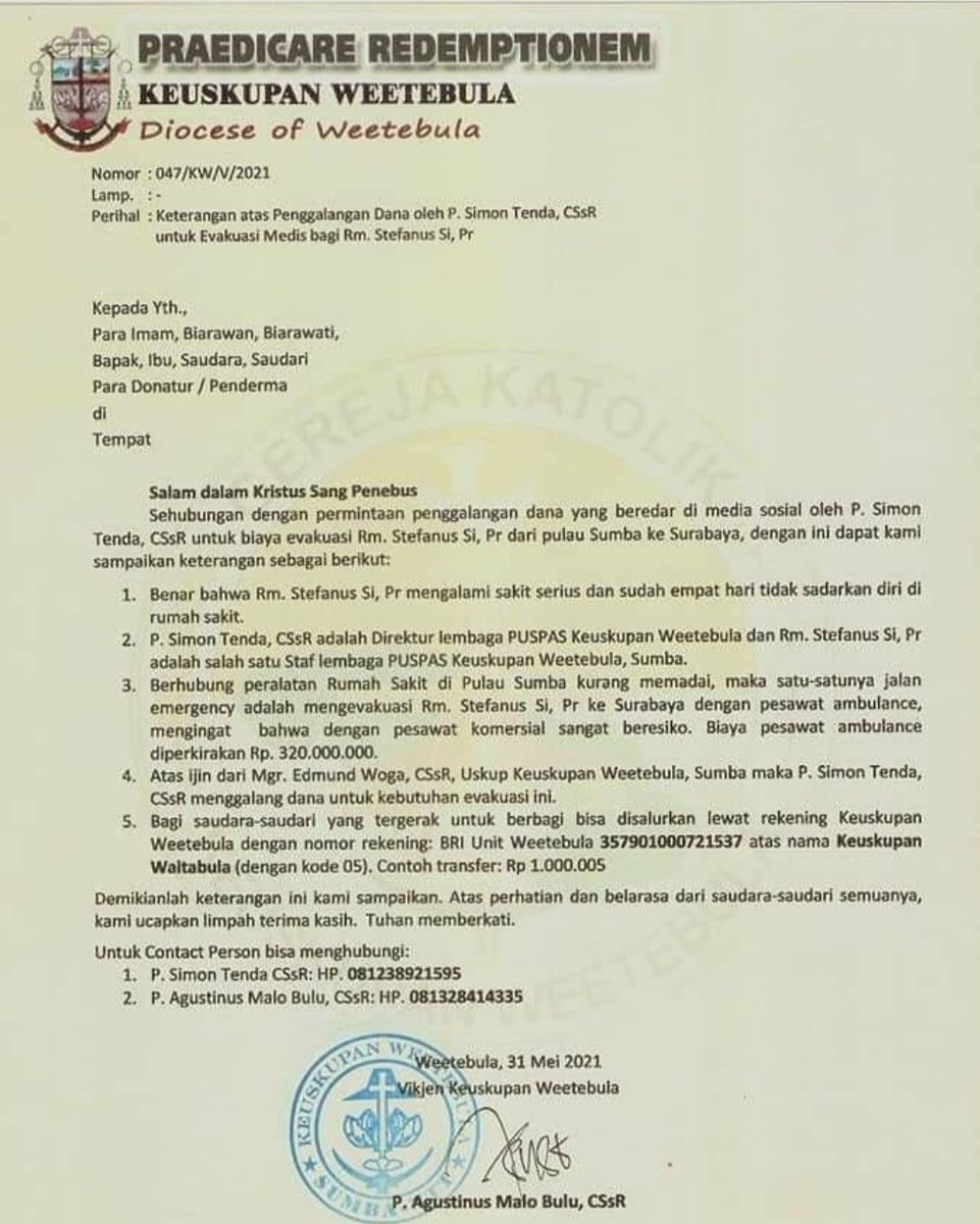 Charles61203278's tweet photo. Sahabat tweeps, 
Mohon dukungan doa bagi kesembuhan Pater Stefanus. 
Jika berkenan,mohon uluran tangan unk meringankan biaya pengobatan beliau. 
@Dennysiregar7 
@FerdinandHaean2 
@AnakKolong_ 
@03__nakula 
@WagimanDeep212_ 
@DavidWijaya82 
@4Y4NKZ 
@__RismaWidiono_ https://t.co/vOmGIEZgH8