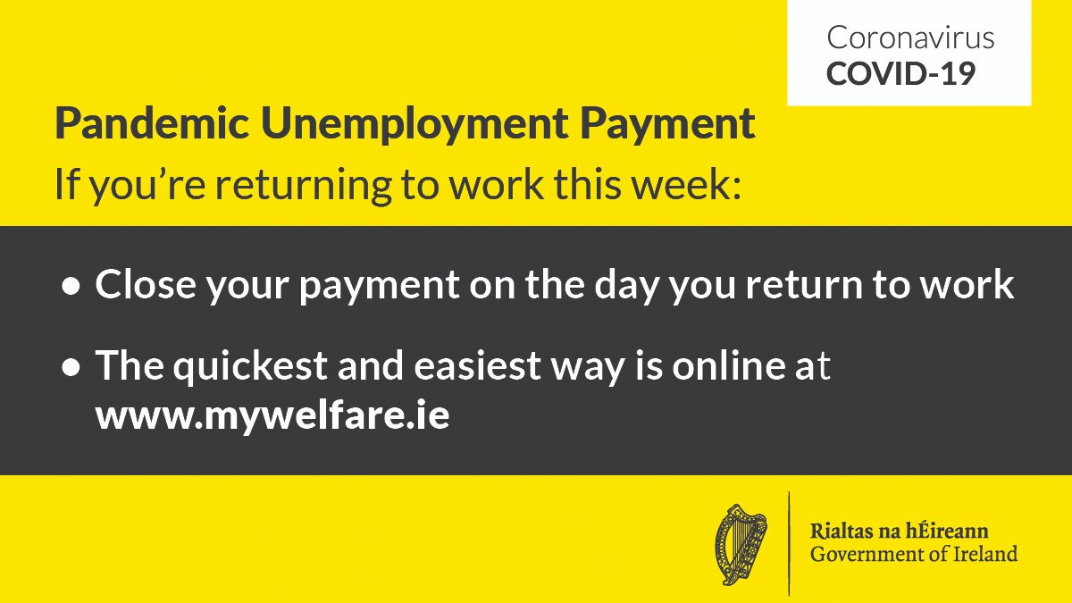 welfare_ie's tweet photo. Returning to work?

Remember to close your PUP claim on your first day back at work

The simplest way to do this is online at https://t.co/M2y3fHlEv2

For more information visit https://t.co/vbGbTx5bqT

#COVID19ireland https://t.co/FzCSwiknFG