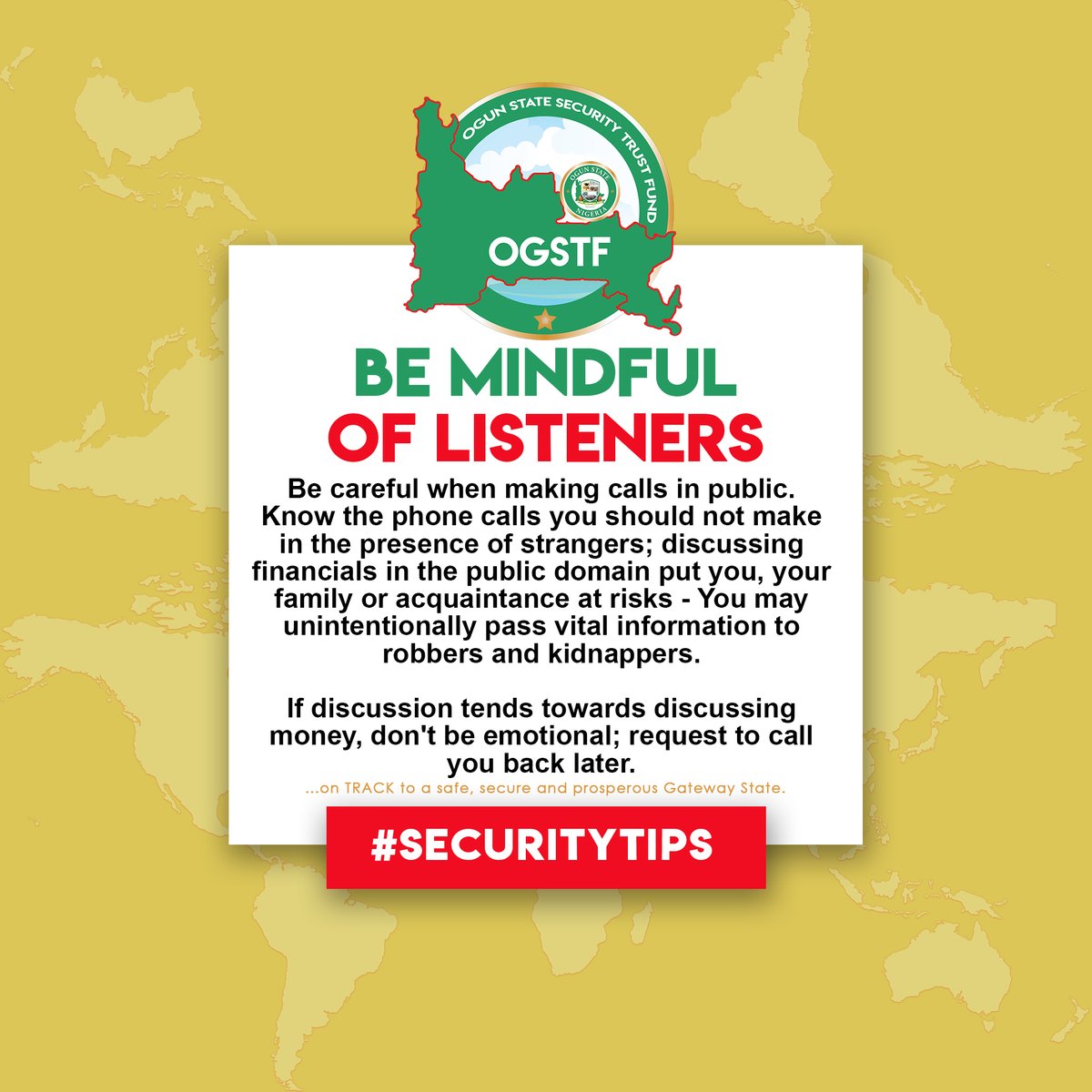 OGSTFofficial's tweet photo. You may unintentionally pass vital information to robbers and kidnappers.

If discussion tends towards discussing money, don't be emotional; request to call you back later.
#Ogunstate #ogstf #securitytips #bemindful https://t.co/TJhIx7IlkY
