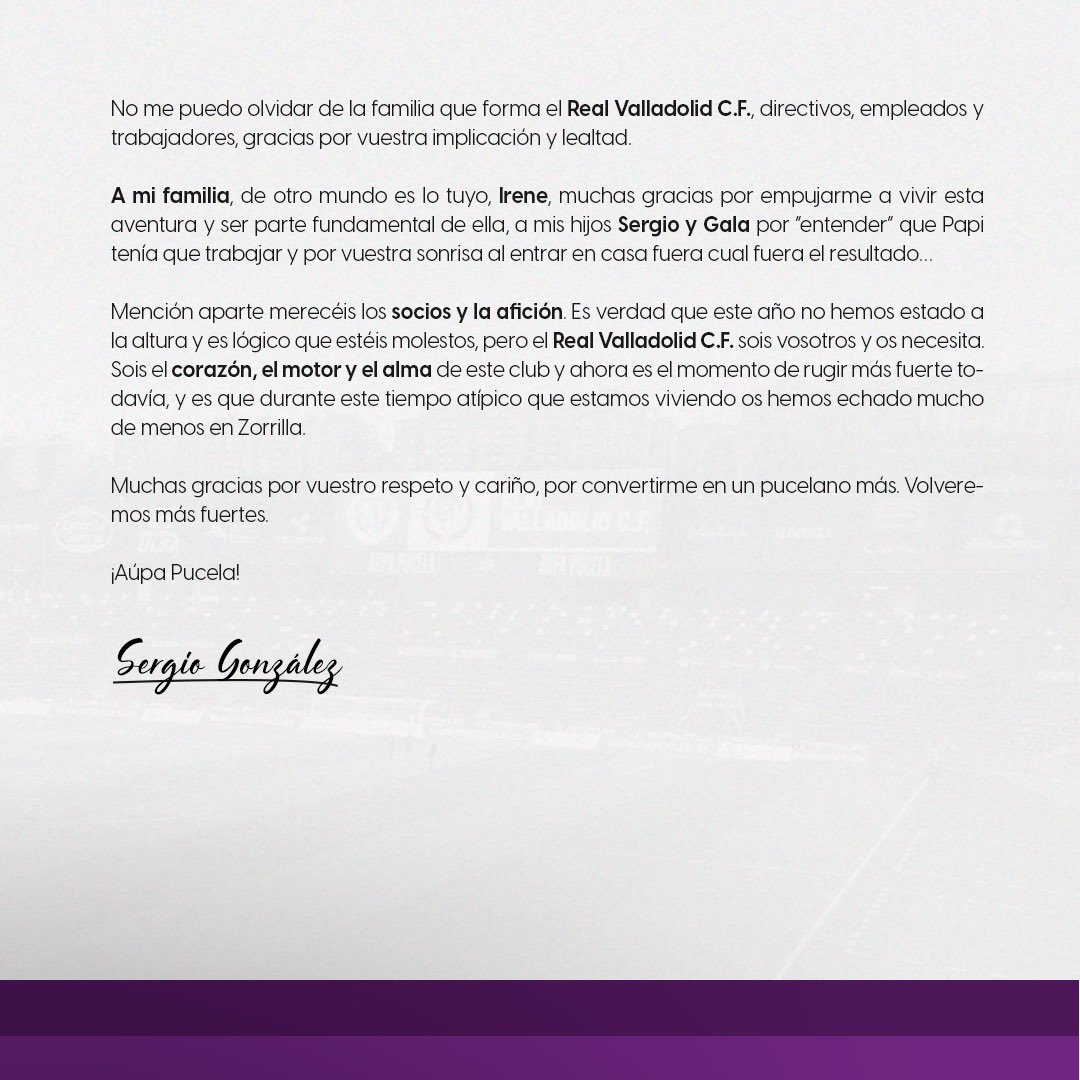 Sergio González (@sergio8gonzalez) on Twitter photo Hola familia pucelana, han sido unos días difíciles, ahora llega el momento de despedirme de todos vosotros a través de esta carta 📃✍️
 ¡GRACIAS! ⚪🟣
#AúpaPucela #VolveremosMásFuertes Hola familia pucelana, han sido unos días difíciles, ahora llega el momento de despedirme de todos vosotros a través de esta carta 📃✍️
 ¡GRACIAS! ⚪🟣
#AúpaPucela #VolveremosMásFuertes