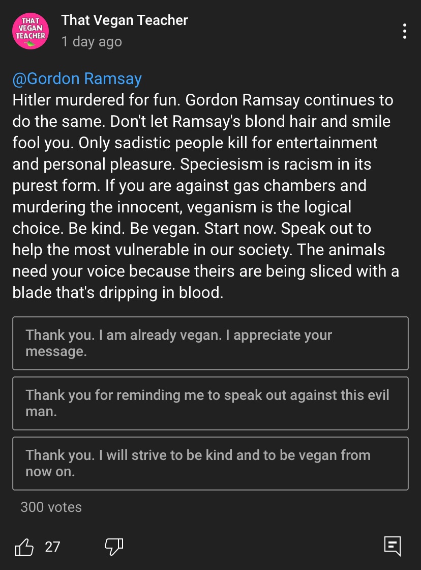 Yo the vegan teacher compared Gordon Ramsay to Hitler. She has lost her mind. https://t.co/dzCEdBHGKR