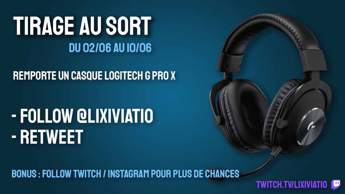 Chose promise chose due !
Vous avez du 2 au 10 juin pour tenter de gagner un casque logitech G pro X

Pour participer :
- Follow <a href="/lixiviatio/">𝕃𝕚𝕩𝕚 🌿</a> 
- Retweet

Pour augmenter vos chances, follow :
twitch.tv/lixiviatio
instagram.com/lixiviatio

Bon chance 💙
TAS le 10/06
Non sponsorisé