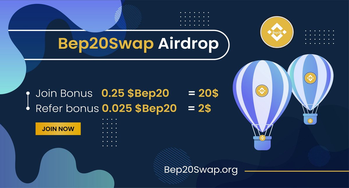 🔥 Bep20swap #Airdrop (Bep20) ⭐️⭐️▪️ 2/3 stars 💸 Get 0.25 Bep20 (≈$20) ➕ 0.025 Bep20 (≈$2) per Referral 🚀 Airdrop Link: t.me/BEP20airdropbo… • Follow me and @Bep20Swap • Like and Retweet this Tweet 🌐 About Bep20swap: Visit – bep20swap.org