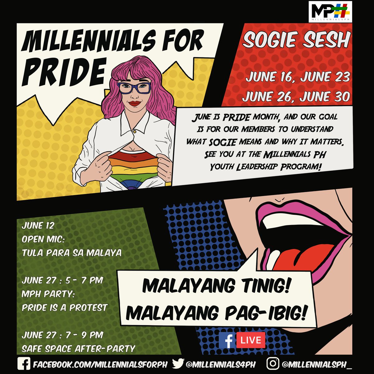 millennials4PH's tweet photo. THE  MILLENNIALS PH JUNE 2021 CALENDAR OF ACTIVITIES! ❤️🧡💛💚💙💜

BACK TO BACK TO BACK EVENTS IN MPH! It will be an exciting month filled with pride and learning! 

#MPH2021 https://t.co/xrELCaT4q2