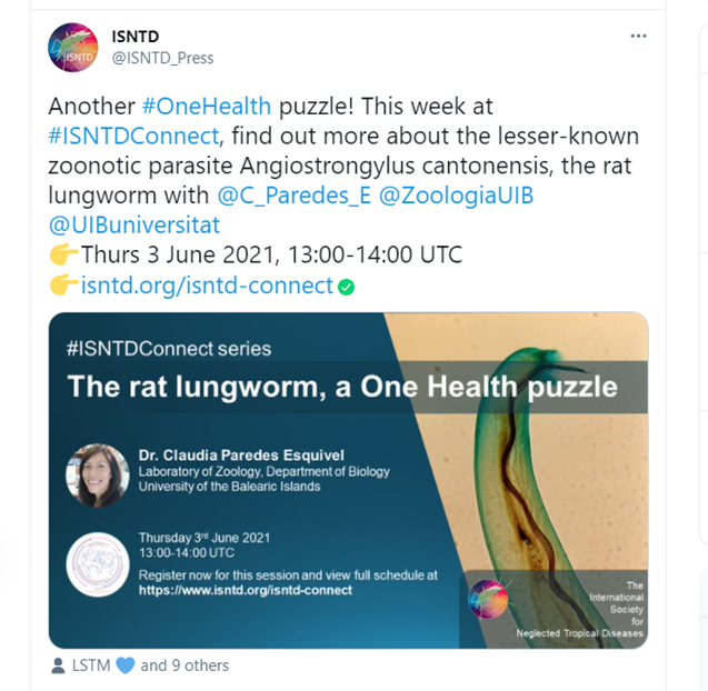 C_Paredes_E's tweet photo. If you want to join us for a talk and discussion on the fascinating #Nematode #AngiostrongylusCantonensis and our #OneHealth approach, please register at https://t.co/QULWArBnc8. See you tomorrow @Sofi_Delgado @Sebas12JR https://t.co/M8ziybCvdT