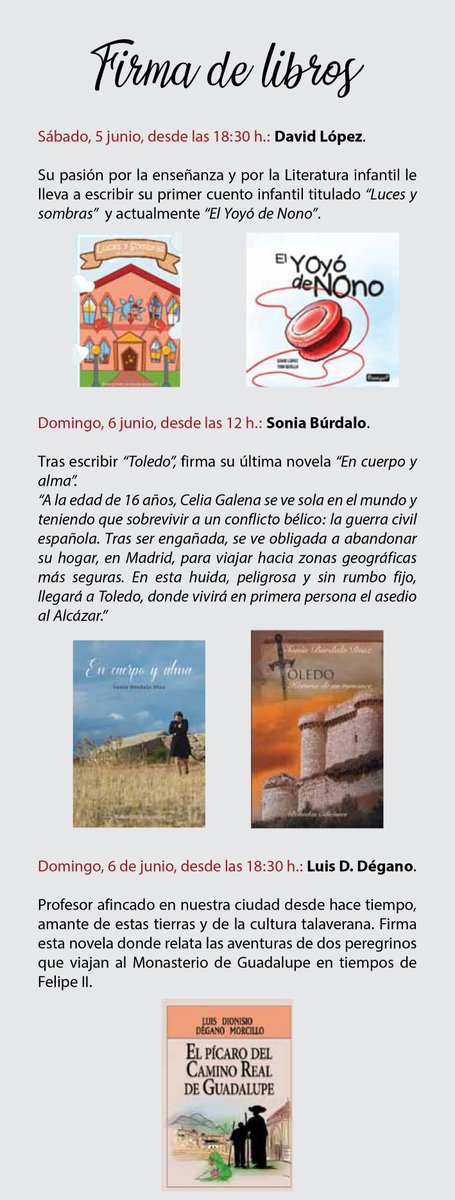 🔴 ¿ HAS PASADO YA POR LA SEMANA ABIERTA DEL LIBRO 📚 DE TALAVERA DE LA REINA? 🔴
-
Estarán hasta el 6 de junio en la Plaza del Pan con un 10% de descuento en todas tus compras, firmas de libros, actuaciones y encuentros. ¡Busca tu actividad favorita y pásate! #talaveracultural