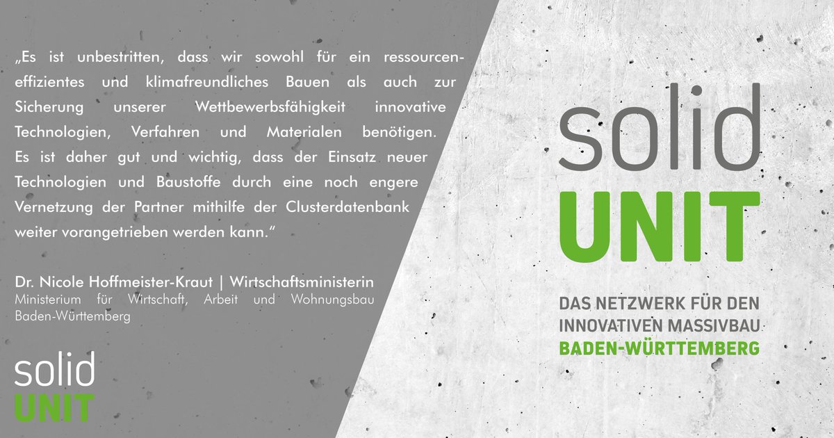 BauwirtschaftBW's tweet photo. solid UNIT in Clusterdatenbank Baden-Württemberg aufgenommen
Wirtschaftsministerin begrüßt Aktivitäten des Netzwerkes für den innovativen Massivbau
https://t.co/5h3VxLJbeN
#Bauwirtschaft #solidunit #BadenWürttemberg #Clusterdatenbank #Nachhaltigkeit #Klimaschutz https://t.co/FXWGN9lTxF