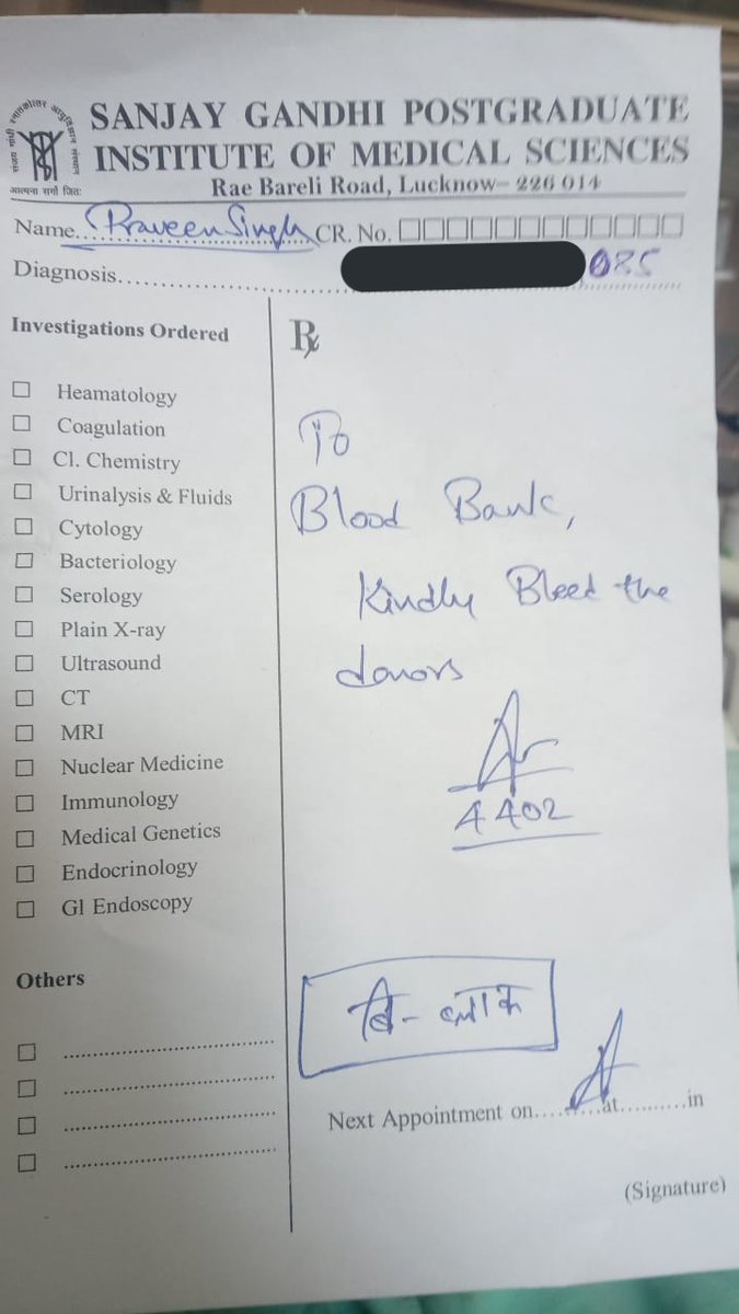 #Lucknow
Need #Blood Type : AB POSITIVE
Patient : Praveen Singh
At: Sanjay Gandhi PGI Lucknow 
Blood Component: Need Blood 
from AB+
Number of Units: 2
Primary No : 9990087321
Via: @ArushGzp
#BloodMatters 

Case#947

@SGPGI @abvplucknow @bssitmlko @BloodDonorsIn @YuvaaVolunteers