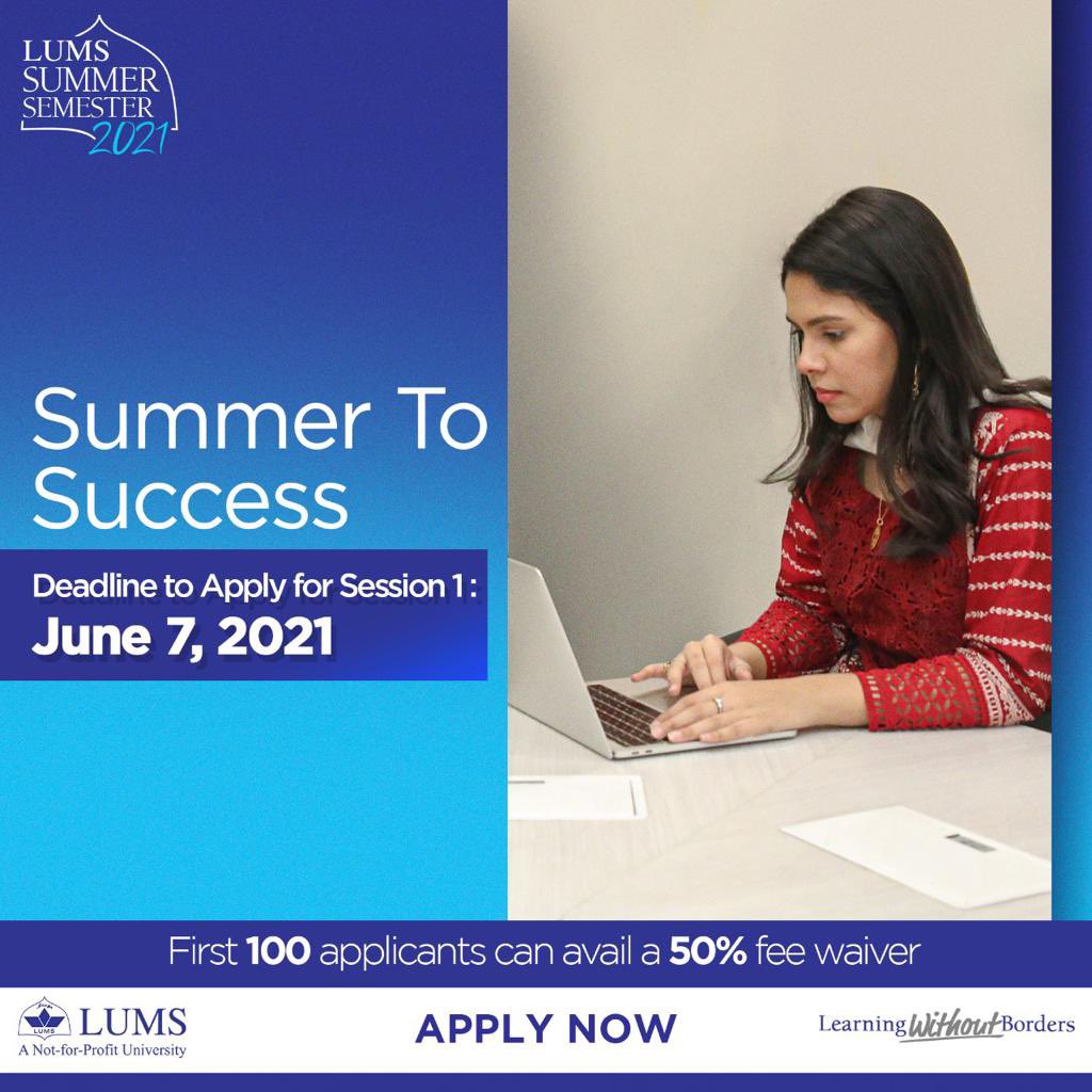 LifeAtLUMS's tweet photo. You can enroll in Summer classes without applying in the regular admission cycle & earn an official transcript.
The first 100 applicants can get a 50% fee waiver. Apply now!
Application deadline: June 7, 2021
To apply: https://t.co/XnOXExtHPY
#SummerToSuccess https://t.co/vZsSxJ5BbG