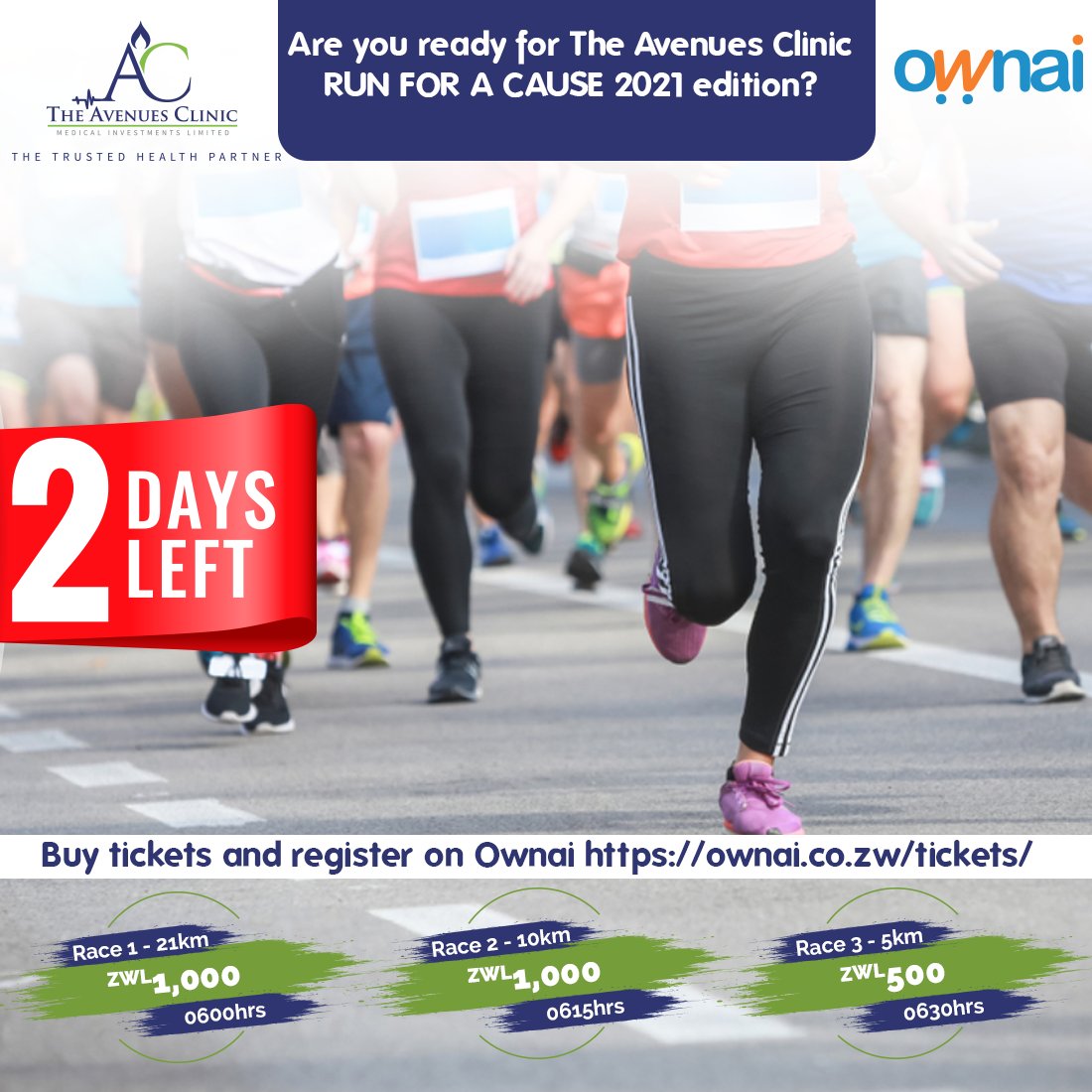 ownaizimbabwe's tweet photo. 2 days left... Buy tickets and register on Ownai https://t.co/mrL90T75EO today!
#theavenuesclinicrunforacause
#EveryWomanCounts
#ownaizimbabwe https://t.co/BzpclaGAco