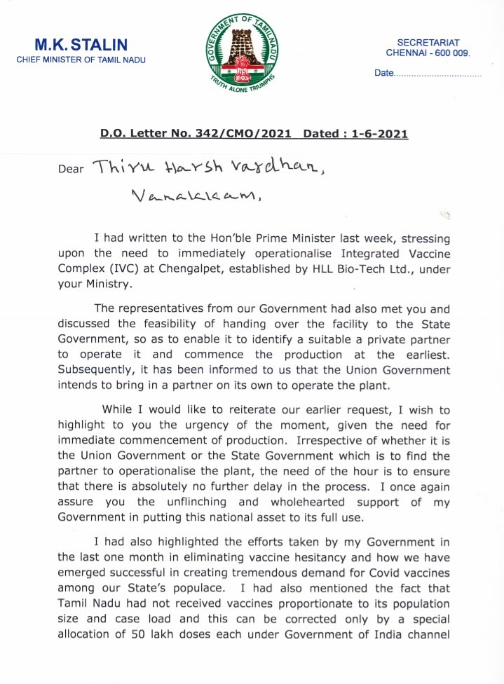DennisJesudasan's tweet photo. #TamilNadu CM M.K. Stalin writes to Union Health Minister Harsh Vardhan to reiterate the request to immediately operationalise IVC in #HLLBioTechLtd in #Chengalpattu; also urges for prioritise Tamil Nadu and provide #COVID19 #vaccines this week itself. Details here. https://t.co/KNCa3D6cFo