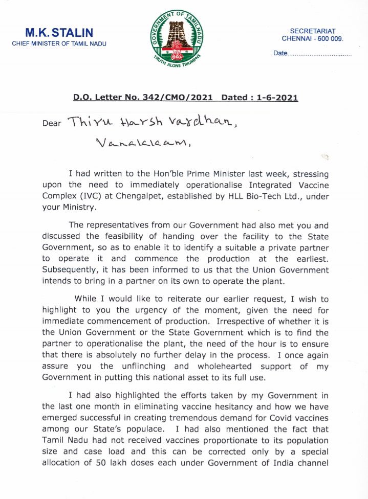 SudharsanSubash's tweet photo. #TamilNadu CM M.K. Stalin writes to Union Health Minister Harsh Vardhan to reiterate the request to immediately operationalise IVC in #HLLBioTechLtd in #Chengalpattu; also urges for prioritise Tamil Nadu and provide #COVID19 #vaccines this week itself #TamilNadu #Chennai #Subash https://t.co/5HzOyBM4ty