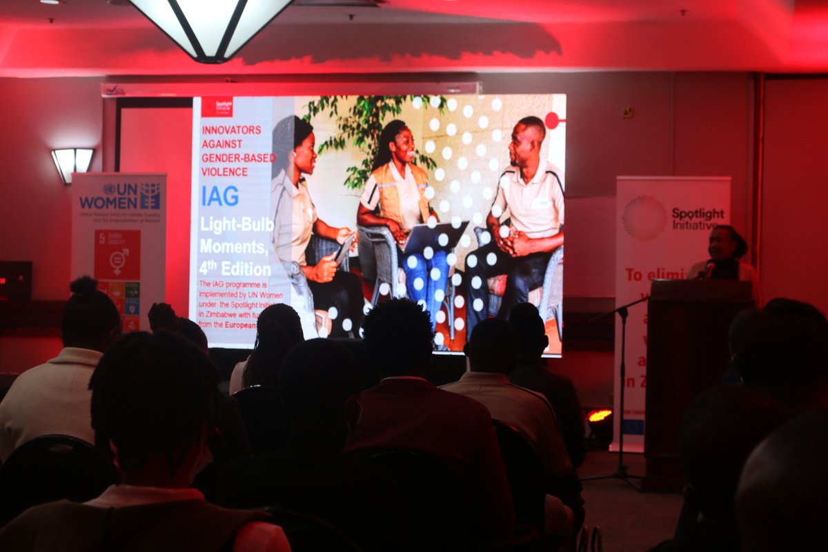 unwomenzw's tweet photo. Happening now in Harare: @unwomenzw @iagzim Spotlight Light Bulb Moments-4th Edition: 'Presentation of IAG campaigns and Launch of IAG Knowledge Products'  w/ @MinofWomenZim Minister @Min_SGG_Nyoni, @unwomenzw Country Representative @dserumaga &amp; @iagzim https://t.co/jlmjLYjsZO
