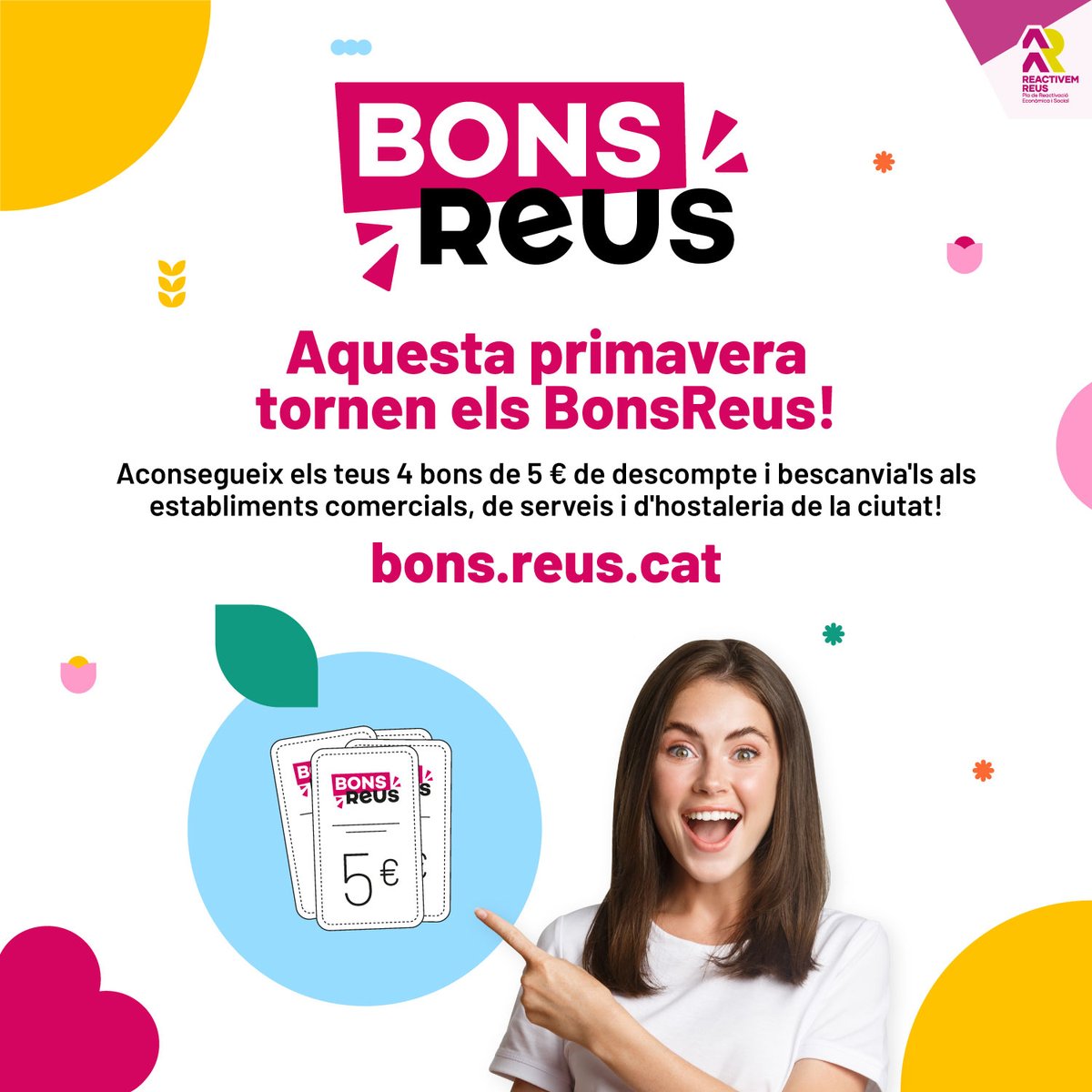 ReusPromocio's tweet photo. #BONSREUS 📣📣 Si et vas quedar sense, entre avui i demà et podràs descarregar els teus Bons Reus Primavera. Recuperem els que han caducat 🌸🌺🌼 📌https://t.co/S3LAcDT9cZ ❗️Bescanvia’ls als establiments comercials, de serveis i d’hostaleria de la ciutat. https://t.co/Tbb1pZYAIx