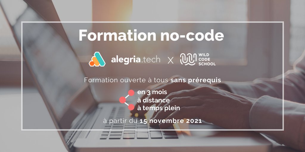 WildCodeSchool's tweet photo. NOUVELLE FORMATION NO-CODE ❌⌨️
La #WildCodeSchool et @Alegria_Nocode, 1ère agence 100% #NoCode en France, s’associent et lancent leur première formation no-code dispensée en téléprésentiel. On vous dévoile tout sur notre page formation ➡️ https://t.co/OHHgSYM5Ea https://t.co/FrRJ7FAPwv