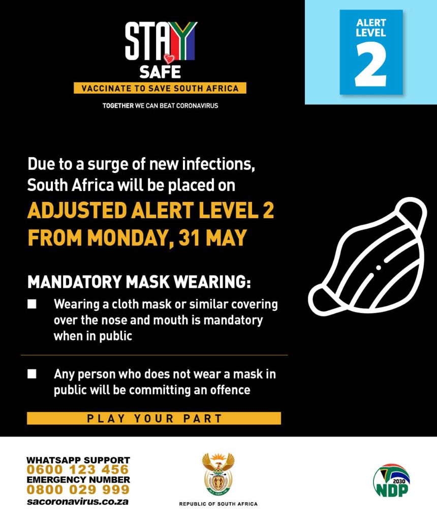 SANRAL_za's tweet image. Effective from today, 31 May 2021 South Africa is in Adjusted #AlertLevel2. Here's what it means.