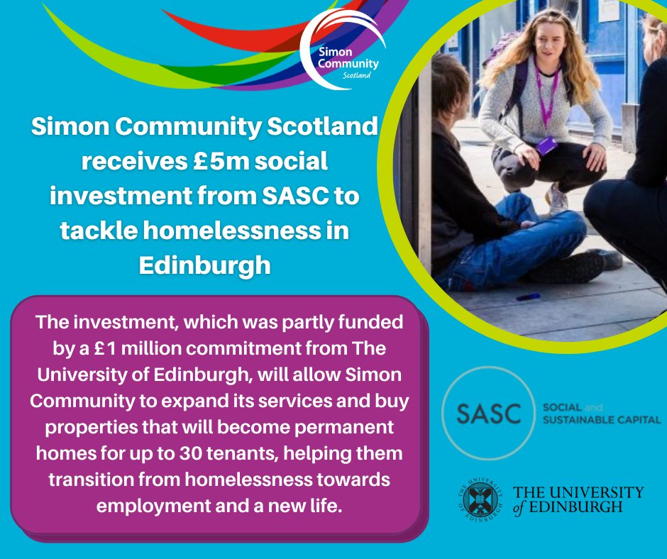 SimonCommScot's tweet image. Using a new £5m social  investment from @SASCapital,  partly funded by a £1 million commitment from @EdinburghUni, we are expanding into providing permanent homes, offering people a new and safe place to live and thrive #makingthingshappen #endinghomelessnesstogether