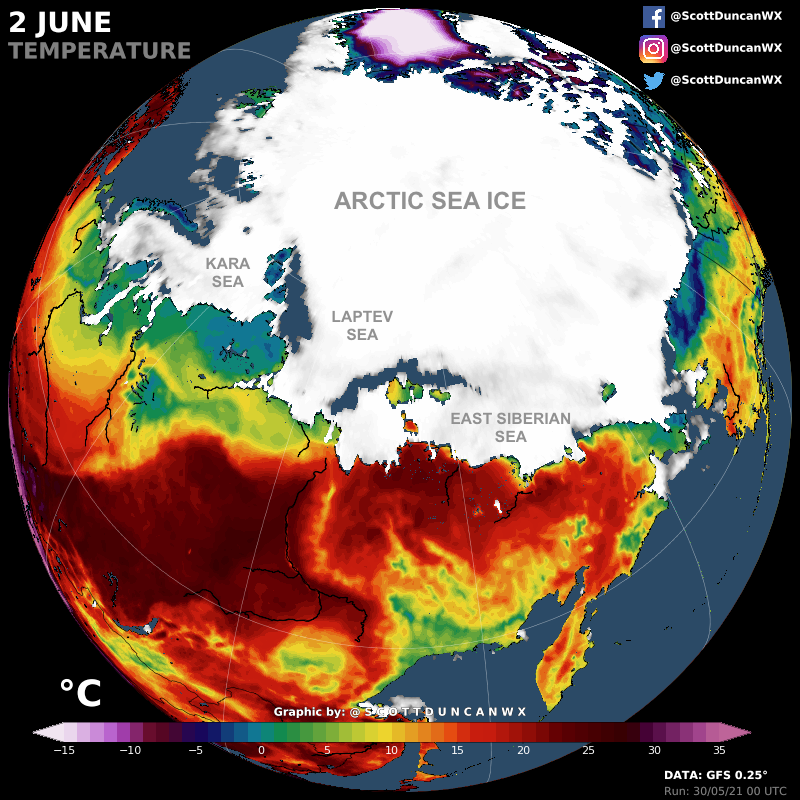 ScottDuncanWX's tweet photo. Arctic heatwave ongoing. Temperatures are about +20°C (36°F) hotter than average for this time of year in Siberia.

Very warm along the fringes of the Arctic sea ice. Melt season is off to a record breaking start in the Laptev Sea. https://t.co/yQ4NBA3GHy