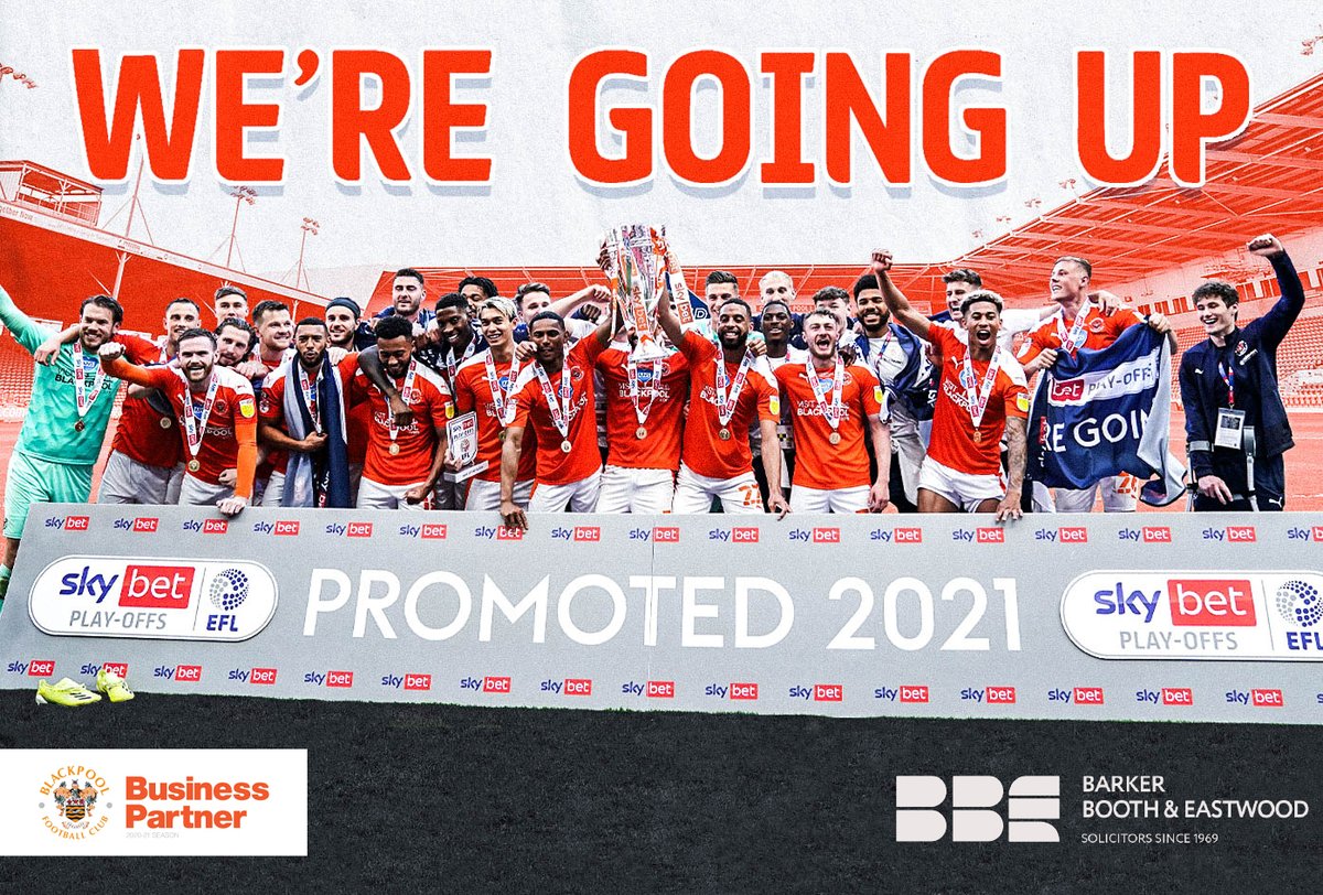 BBELaw's tweet photo. Huge congratulations to Blackpool FC for promotion back to the Championship Barker Booth &amp; Eastwood are proud to be part of the Blackpool FC Business Partner Programme and we can’t wait to see our branding around Bloomfield Road next season! #UTMP #BFCBPP #Promotion #Partnerships https://t.co/KykGt6VJEP