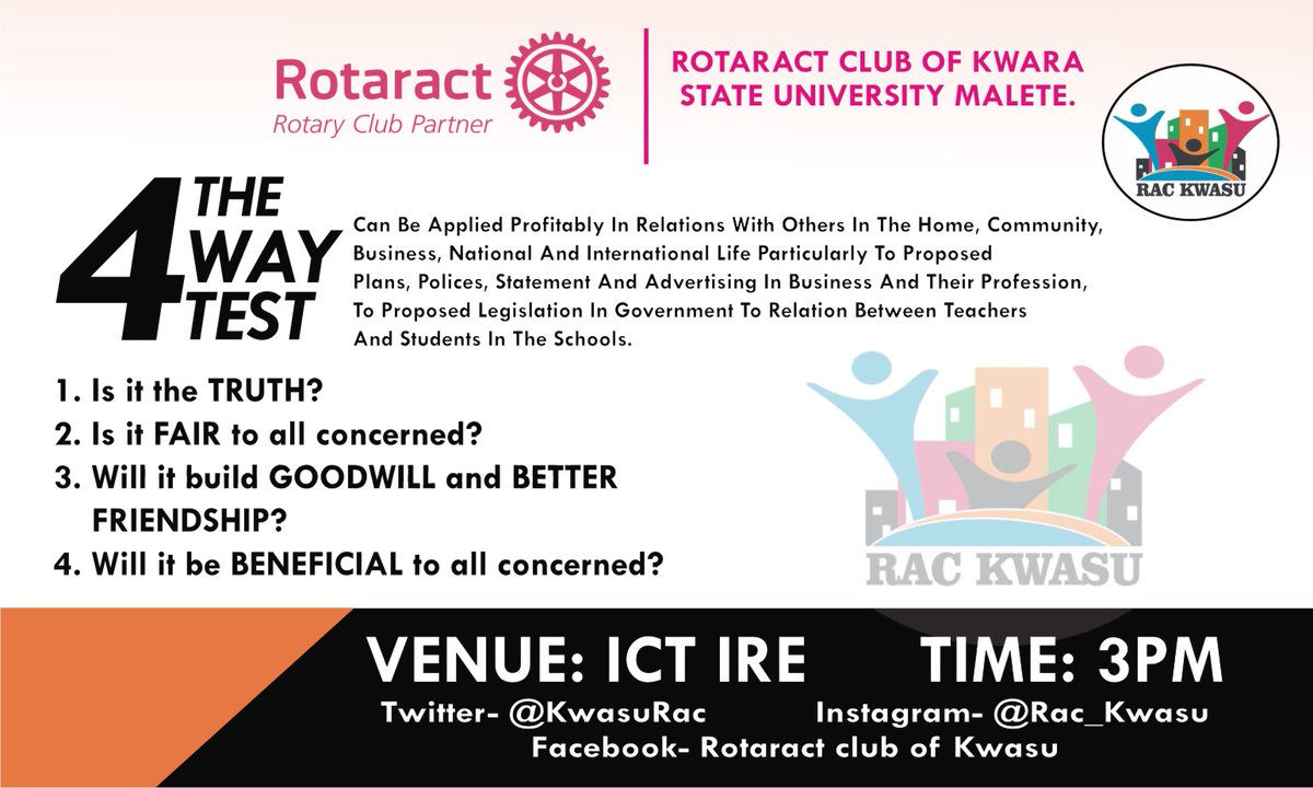 KwasuRac's tweet photo. Happy new month to you all. It's Rotary fellowship month of the year, Come one come all. Come And join the prestige club of Rotaract Club of Kwara State University, Malete. 
Make positive impact in your community by FELLOWSHIPPING with us.

#RotaryOpensOpportunities!!! https://t.co/xe4KWXXkvM