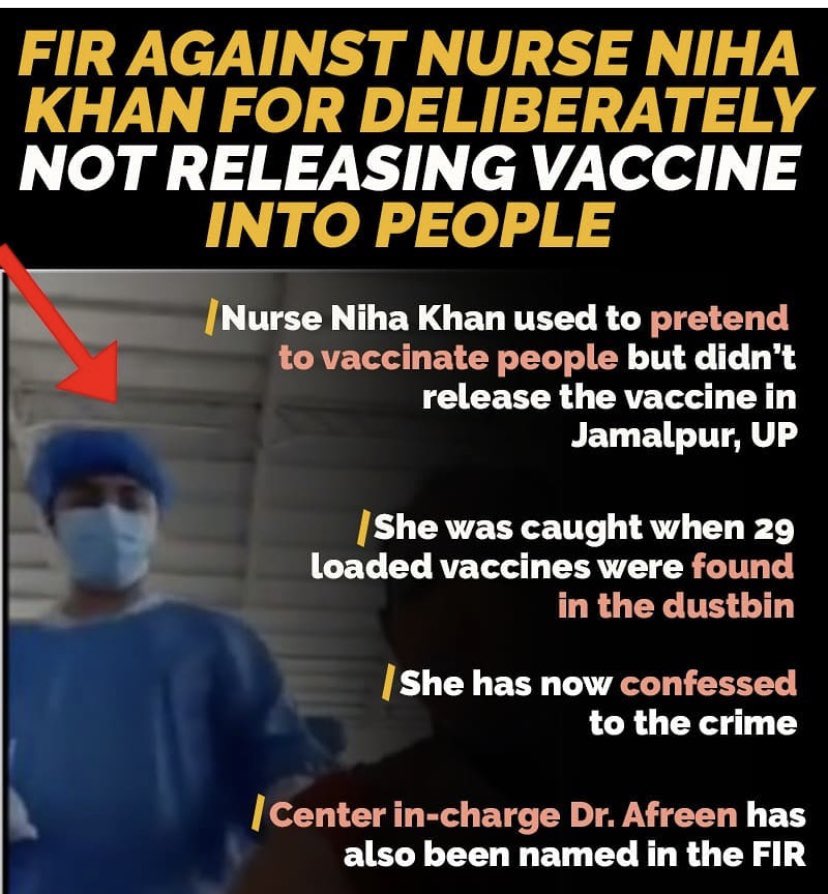 VlKAS_PR0NAM0's tweet photo. #VaccineZehad
Niha Khan confessed to inserting injections inside the body of the recipients but taking them out without releasing the vaccine
Another attempt to Sabotage India’s vaccine drive.. earlier it was opposition now come these Zehadi$
Stringent action should be taken https://t.co/cgyUk0zdfT